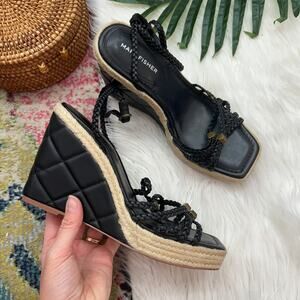 Marc Fisher Black Quilted Faux Leather Ankle Strap Platform Wedge Sandal 8.5